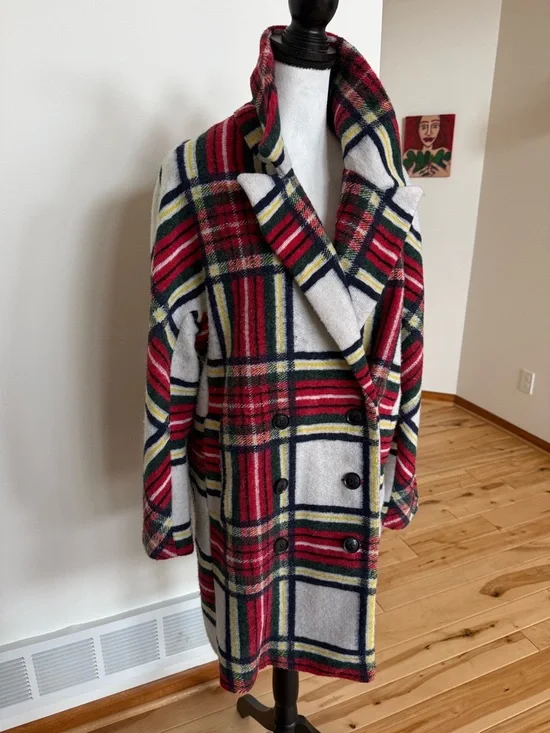 Desigual Red, Cream & Navy Plaid Double-Breasted Pea Coat - Picture 6 of 12